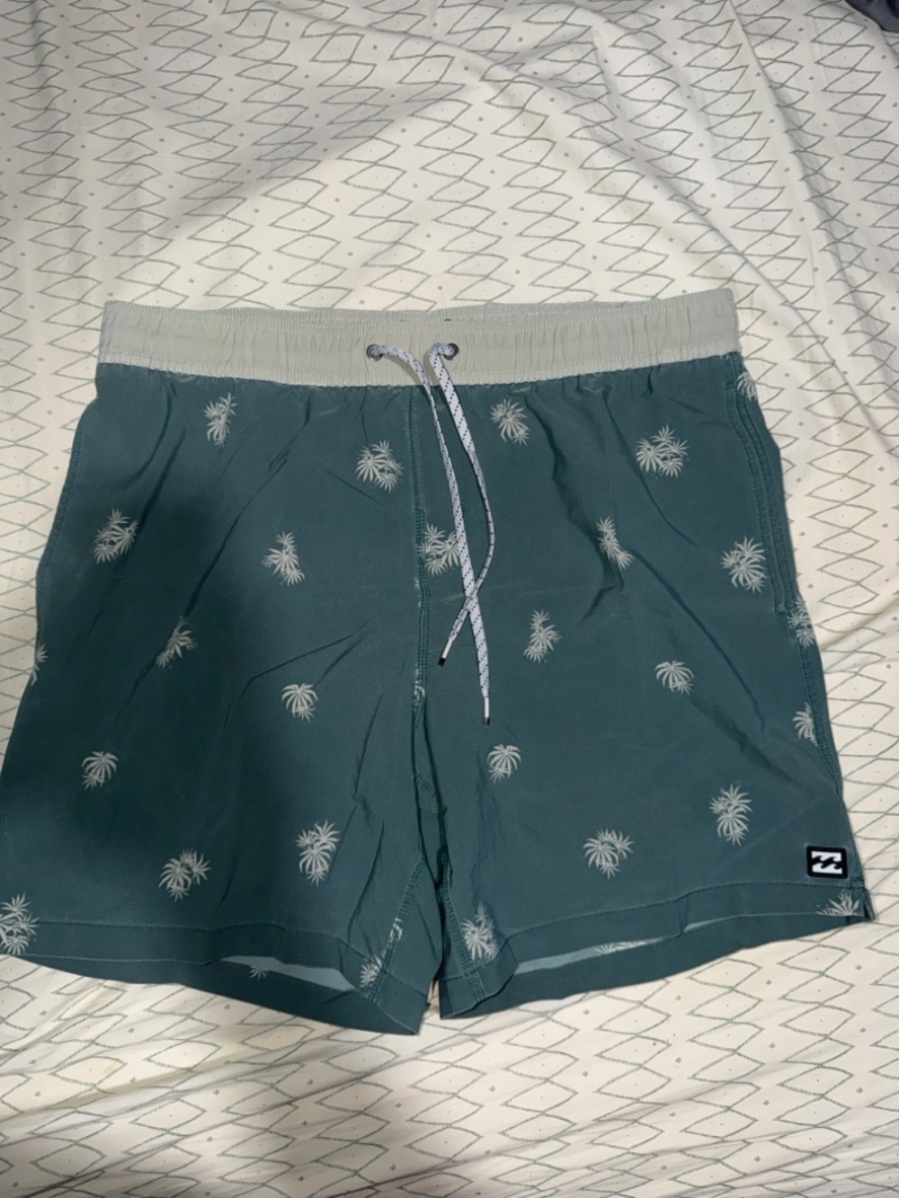 Billabong Teal Swim Board Shorts with Cream Palm Print